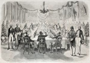 Old illustration of a banquet in Batavia offered by French consul. Created by Engelu, published on L'Illustration, Journal Universel, Paris, 185