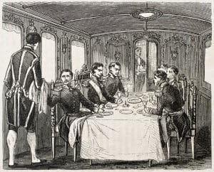 Old illustration of dining coach in the imperial train offered from railways company to Napoleon III. Created by Gaildrau, published on L'Illustration Journal Universel, Paris, 1857