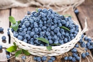 Big portion of fresh harvested Blueberries on wooden background (close-up shot)