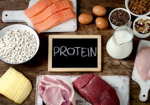 Best Foods High in Protein on wooden background. Healthy eating and diet concept