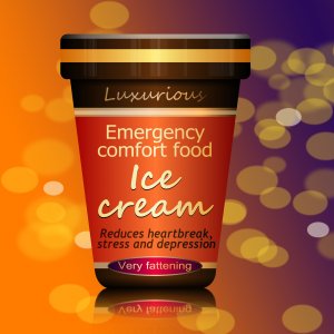 Illustration depicting a single ice cream container with a comfort food concept. Arranged over abstract orange and blue.