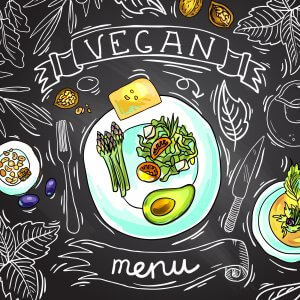 Beautiful hand drawn food illustration vegan menu on the chalkboard