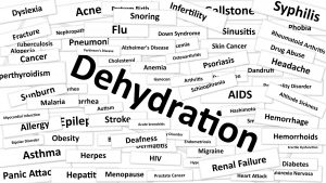 A disease called Dehydration written in bold type. Black and white words