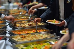 people group catering buffet food indoor in luxury restaurant with meat colorful fruits and vegetables